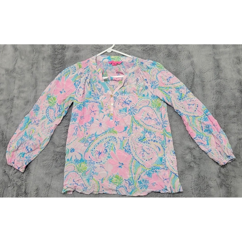 Lilly Pulitzer Blouse Womens XS Elsa Silk Floral‎ Paisley Sheer Tunic Top Boho